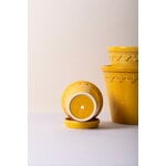 Bergs Potter Københavner kukkaruukku alusella, lasitettu amber yellow, sisustuskuva