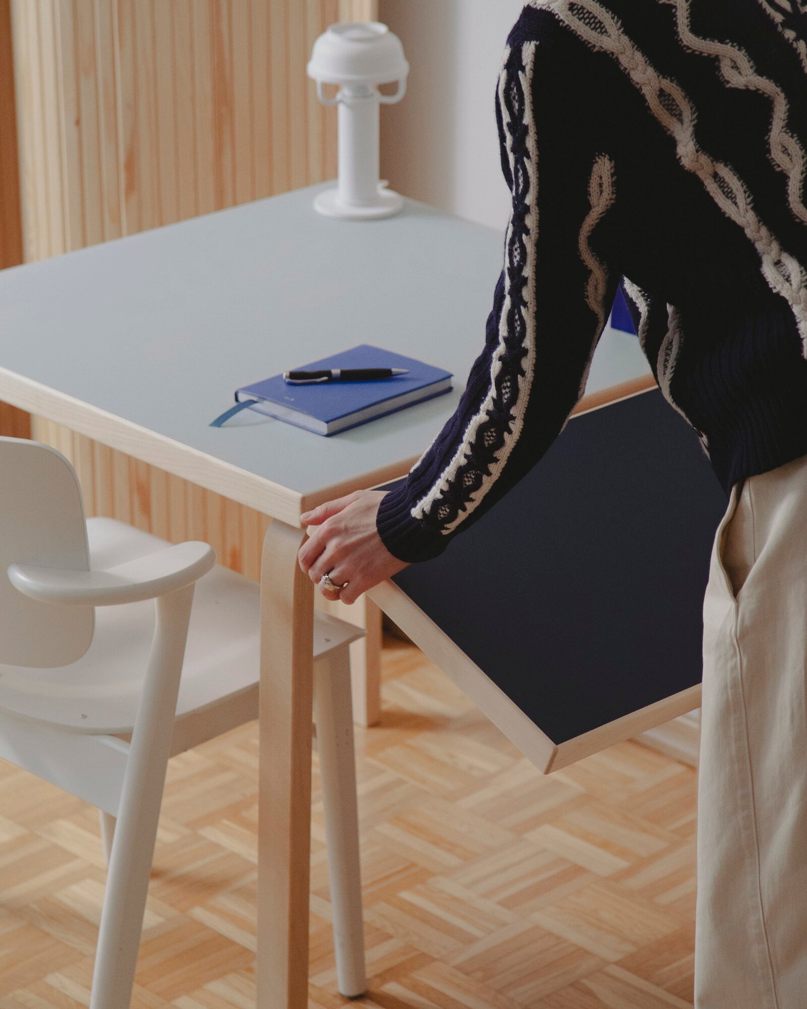 Artek Aalto foldable table DL81C, birch -vapour/smokey blue