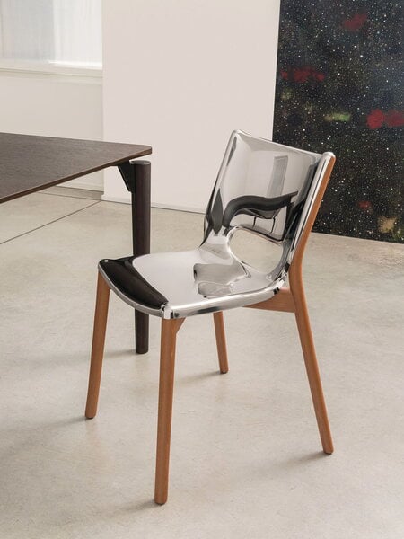 Dining chairs, Poêle chair, brown beech - mirror polished steel, Brown