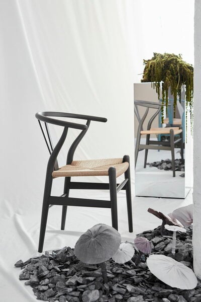 Dining chairs, CH24 Wishbone chair, soft black - natural cord, Black