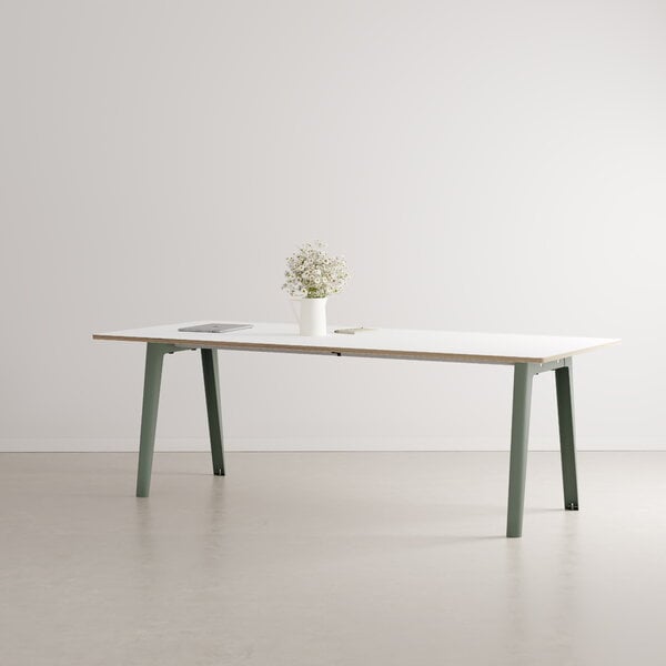 Ruokapöydät, New Modern pöytä 220 x 95 cm, valk. laminaatti - harmaanvihreä, Valkoinen