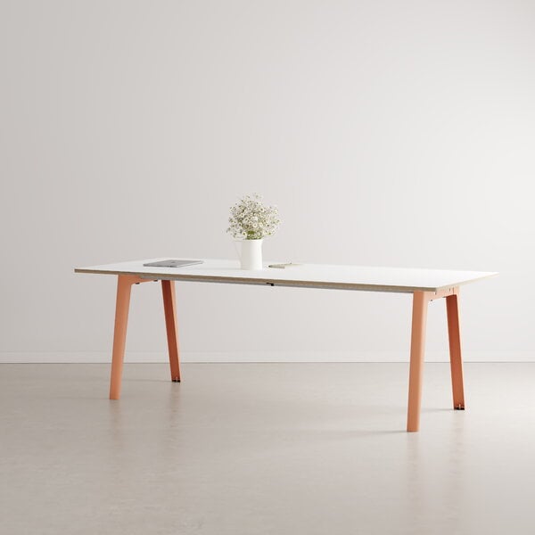 Ruokapöydät, New Modern pöytä 220 x 95 cm, valk. laminaatti - vaaleanpunainen, Valkoinen