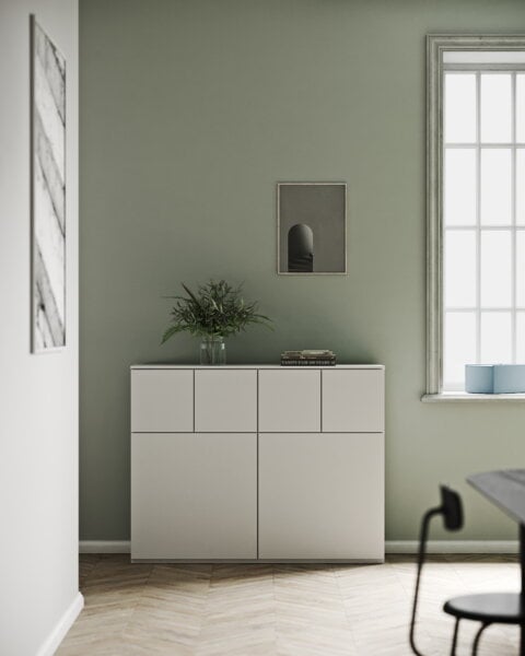 Cassettiere e credenze, Credenza Fuuga, 128 cm, ante grandi e piccole, bianca, Bianco