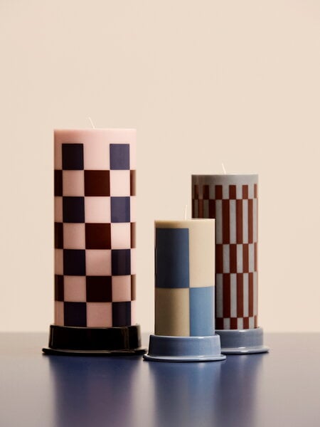 Candles, Column candle, L, light pink - bordeaux - dark blue check, Multicolour