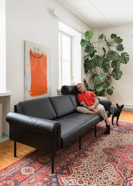 Sohvat, Ateljee 3-istuttava sohva, musta - konjakki nahka, Musta