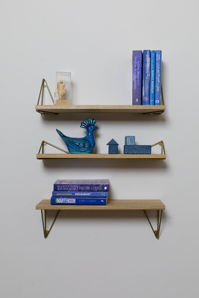 Wall shelves, Pythagoras XS shelf with brackets, oak - brass matte, Gold