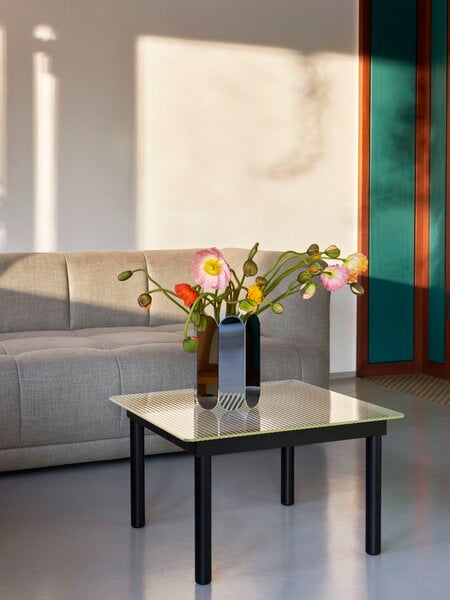 Tavoli da salotto, Tavolino Kofi 80 x 80 cm, rovere laccato nero - vetro zigrinato, Nero