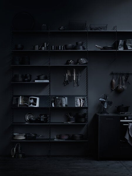 Shelving units, String shelf 58 x 30 cm, 3-pack, black stained ash, Black