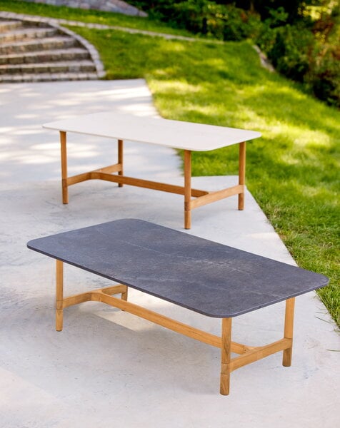 Terrassentische, Twist Couchtisch, 120 x 60 cm, Teakholz, – Travertin-Optik, Weiß