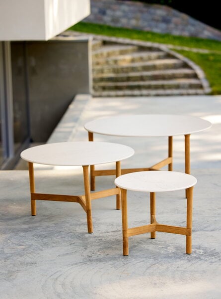 Tables de jardin, Table basse Twist, diamètre 90 cm, teck - aspect travertin, Blanc