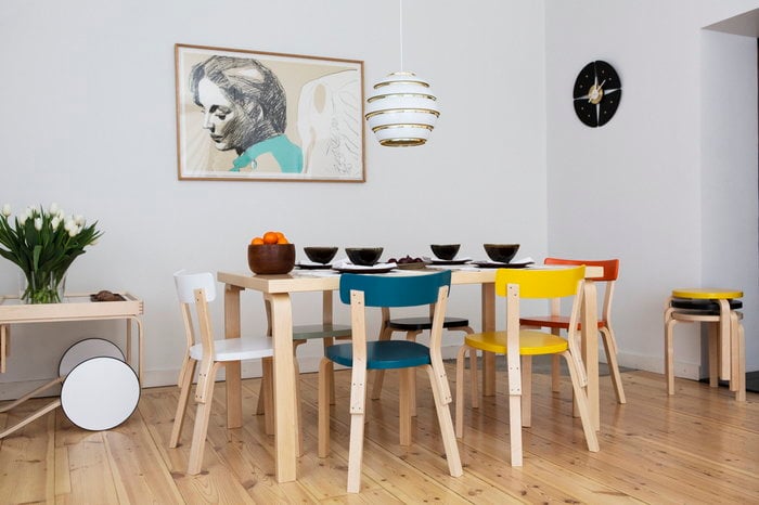 Ruokailutilat Artek White Birch Black Yellow Aalto chairs