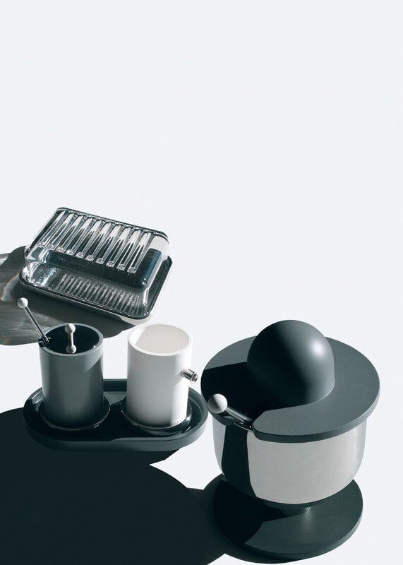 Alessi ES03 butter dish, steel - glass, decoration image