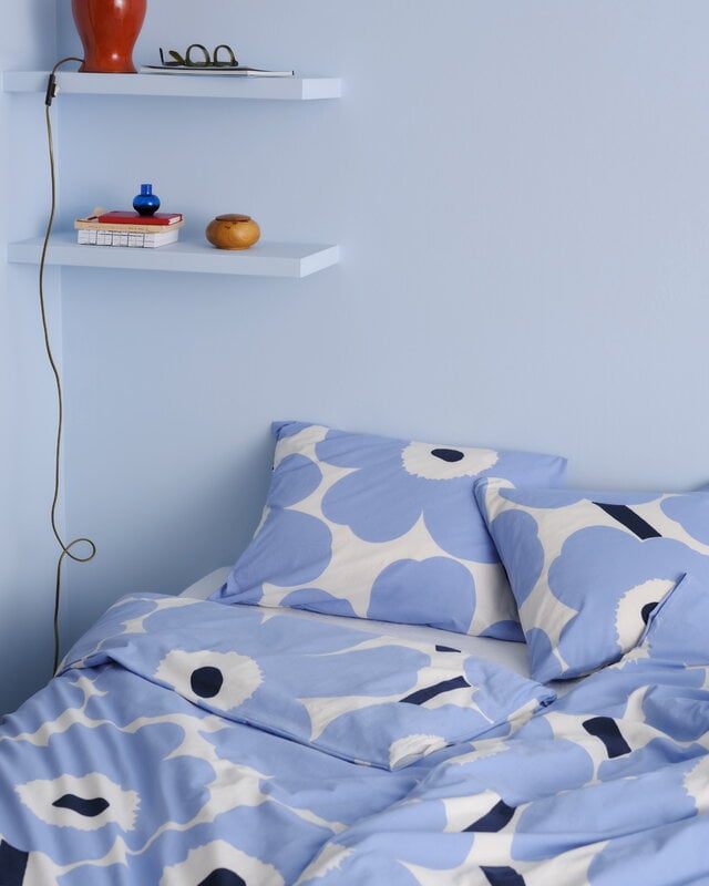 Marimekko Unikko Jersey-copripiumino, 135-140 x 200 cm, bianco sporco-azzurro-blu, immagine decorativa