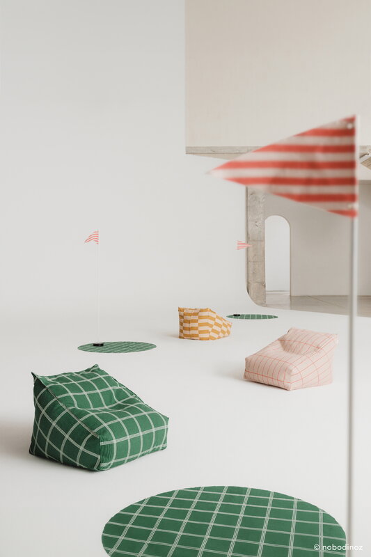 Nobodinoz Vibes kids' armchair beanbag, mustard and sand tiles, view 2