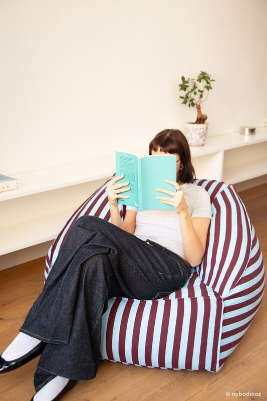 Nobodinoz Ziggy armchair beanbag, burgundy blue stripes, view 2