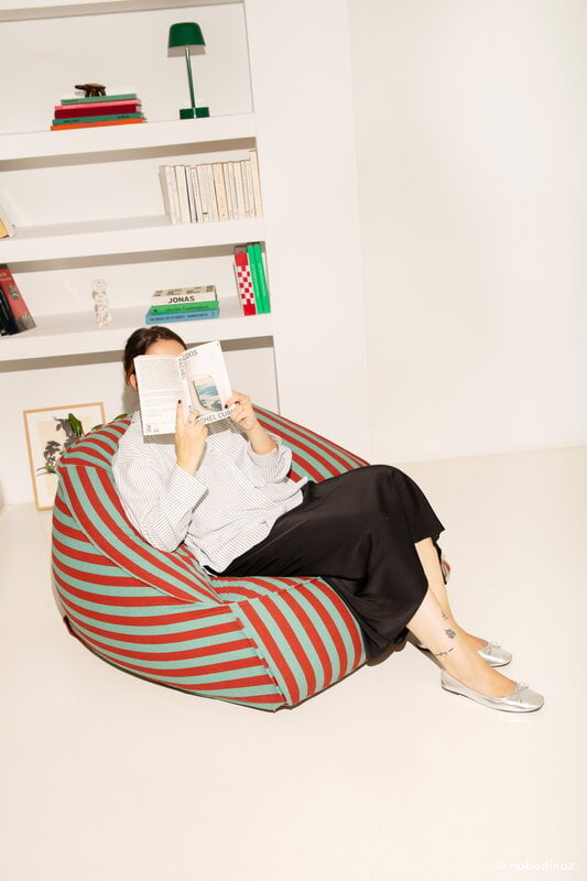 Nobodinoz Ziggy armchair beanbag, red teal green stripes, view 2