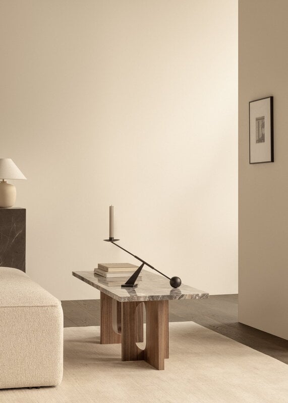 Audo Copenhagen Androgyne lounge table, 120 x 45 cm, walnut - Grey Galaxy marble, decoration image