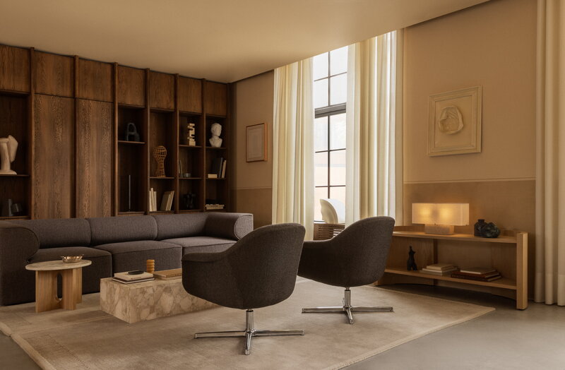 Audo Copenhagen Harbour lounge chair, swivel, polished aluminium - Logan Haze dark brown, decoration image