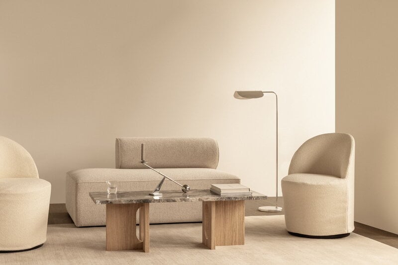 Audo Copenhagen Androgyne lounge table, 120 x 45 cm, walnut - Grey Galaxy marble, decoration image