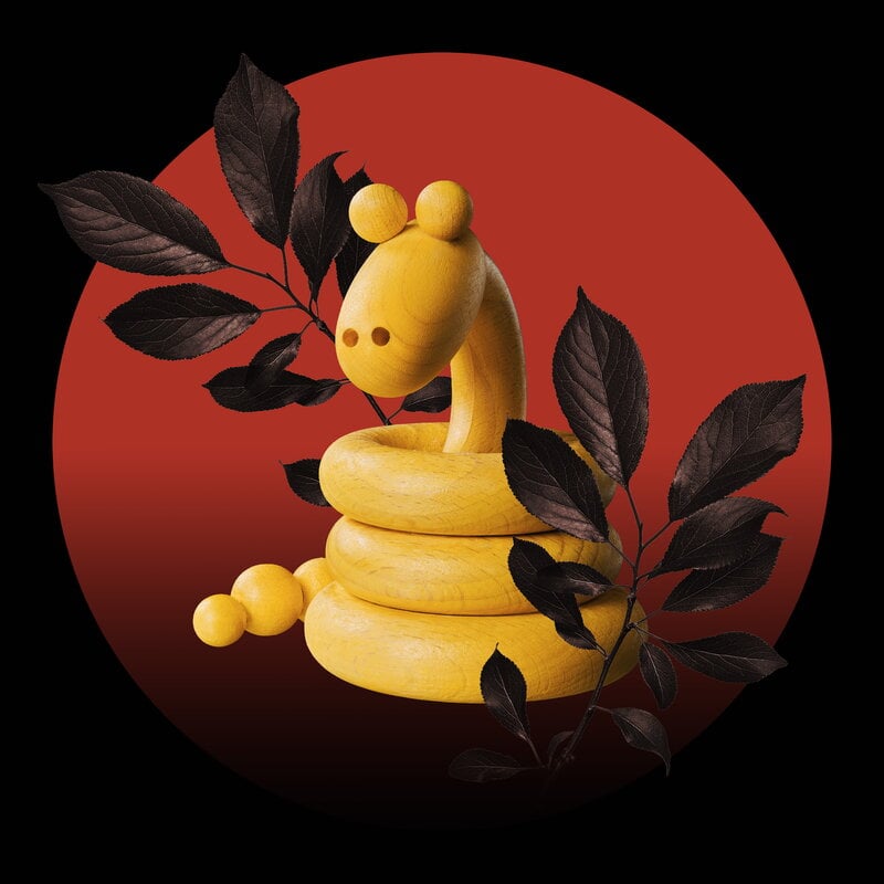 Aarikka Chinese Zodiac Snake wooden sculpture, yellow, view 2