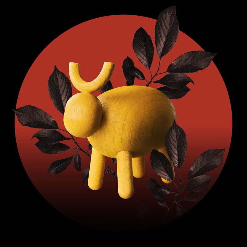 Aarikka Chinese Zodiac Ox wooden sculpture, yellow, view 2
