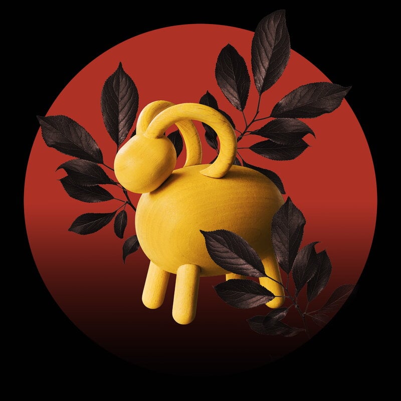 Aarikka Chinese Zodiac Goat wooden sculpture, yellow, view 2