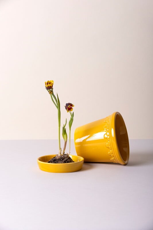Bergs Potter Københavner kukkaruukku alusella, lasitettu amber yellow, sisustuskuva