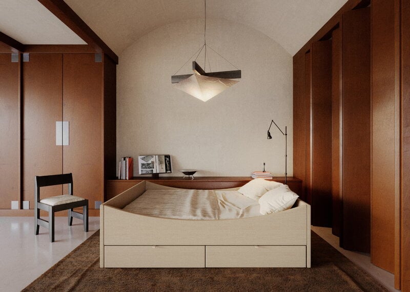 RYE Curved sängynrunko 2 laatikolla, 140 x 200 cm, vaalea beige, sisustuskuva
