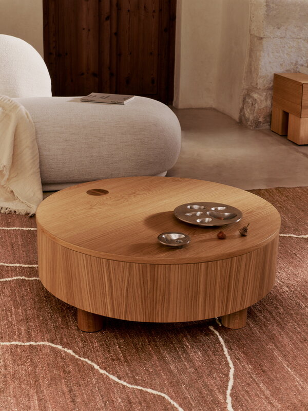 Ferm Living Olles storage table, diameter 80 cm, natural oak veneer, decoration image