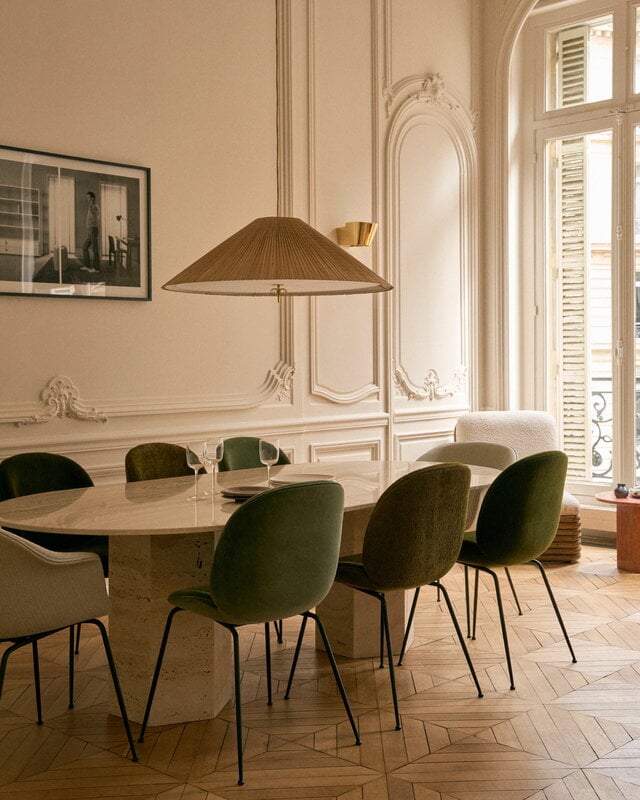 GUBI Epic dining table, elliptical, white travertine, view 2