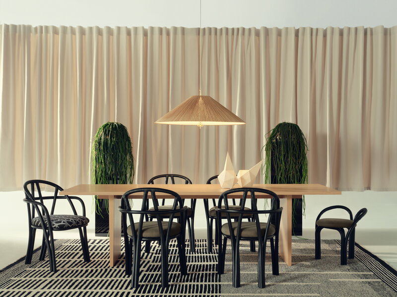 GUBI Bistra dining armchair, ebony painted rattan - Reales Pattern 003, decoration image