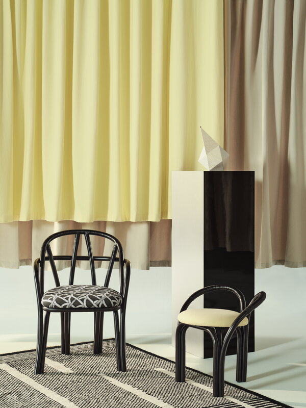GUBI Bistra dining armchair, ebony painted rattan - Reales Pattern 003, decoration image