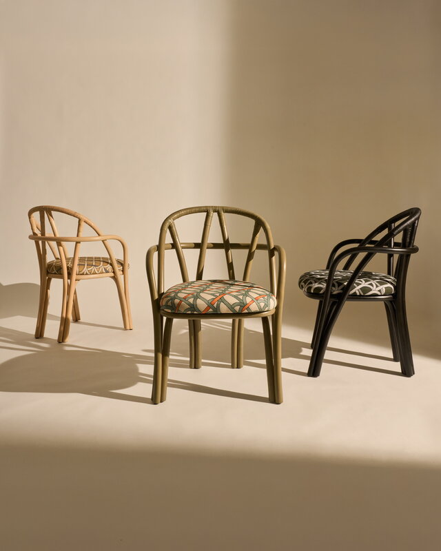 GUBI Bistra dining armchair, ebony painted rattan - Reales Pattern 003, decoration image
