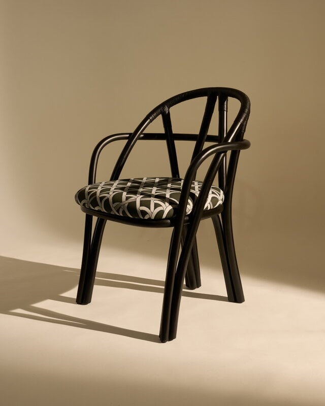 GUBI Bistra dining armchair, ebony painted rattan - Reales Pattern 003, decoration image