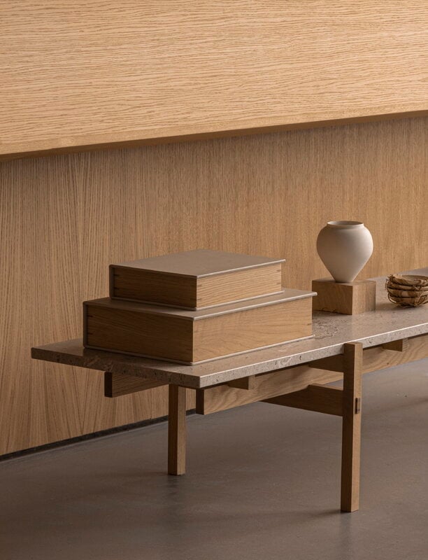 Karimoku Case N-CT01 coffee table, 48,5 x 150 cm, lacquered oak - marble, decoration image