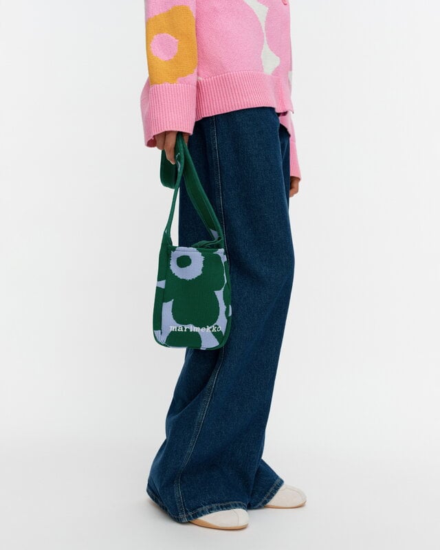 Marimekko Knitted Phone Pocket Unikko, dark green - blue, decoration image