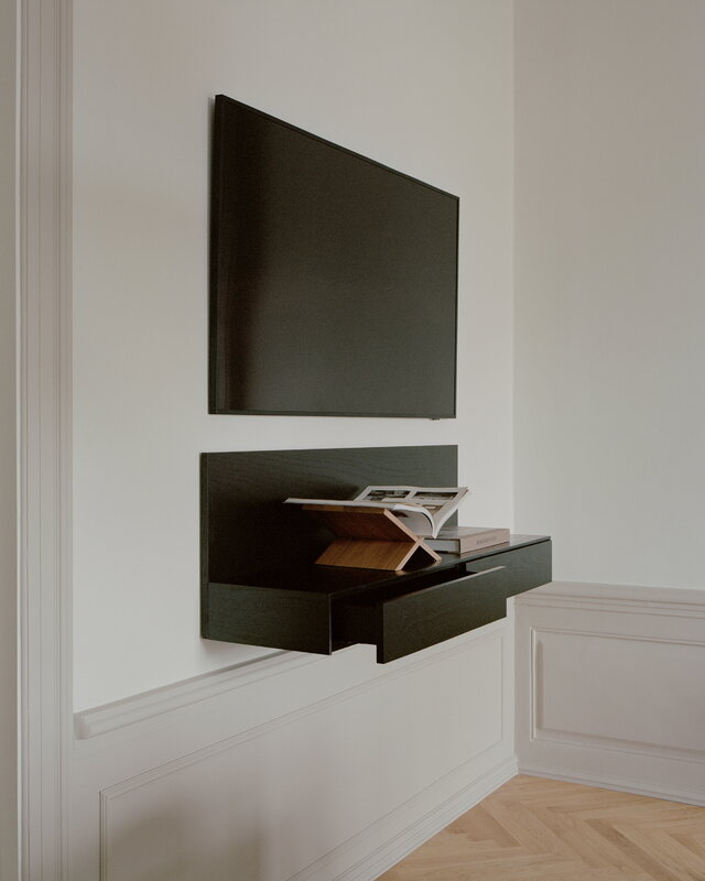 New Works Tana wall mounted media module, black stained oak, decoration image