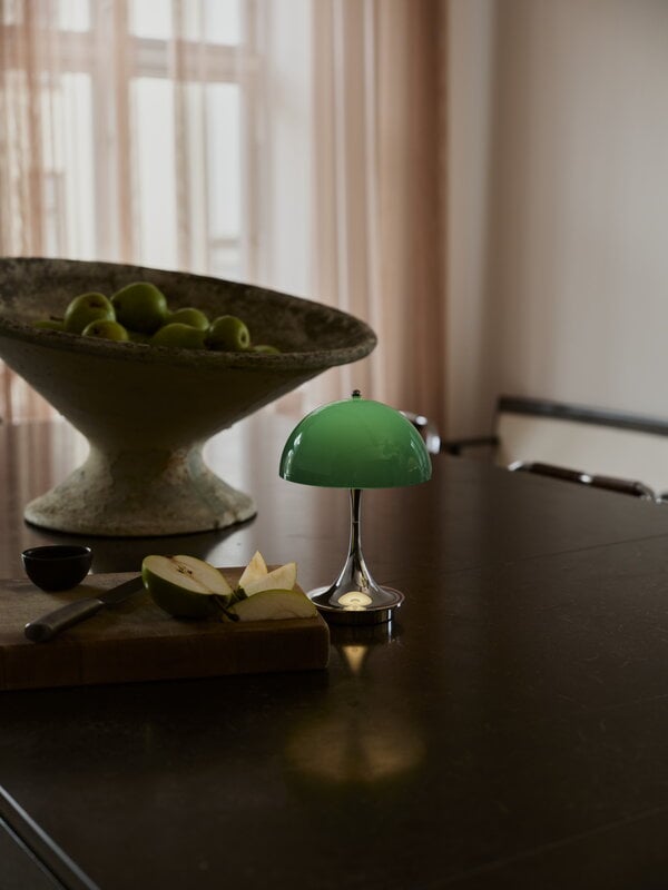 Louis Poulsen Panthella The Originals 160 Portable V3 table lamp, opal green - chrome, decoration image