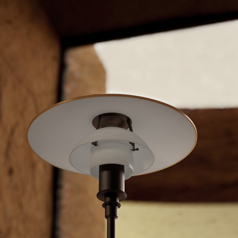 Louis Poulsen PH 3 1/2-2 1/2 floor lamp, Centenary Edition, aged brass-amber-opal white, decoration image