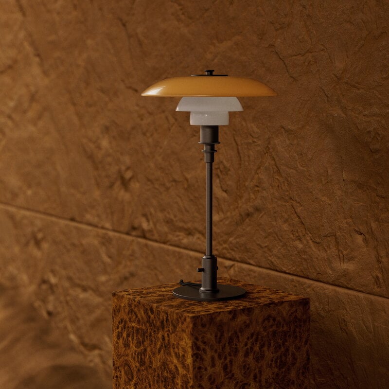 Louis Poulsen PH 3/2 table lamp, Centenary Edition, aged brass - amber - opal white, decoration image