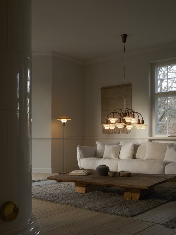Louis Poulsen PH 3 1/2-2 1/2 floor lamp, Centenary Edition, aged brass-amber-opal white, decoration image