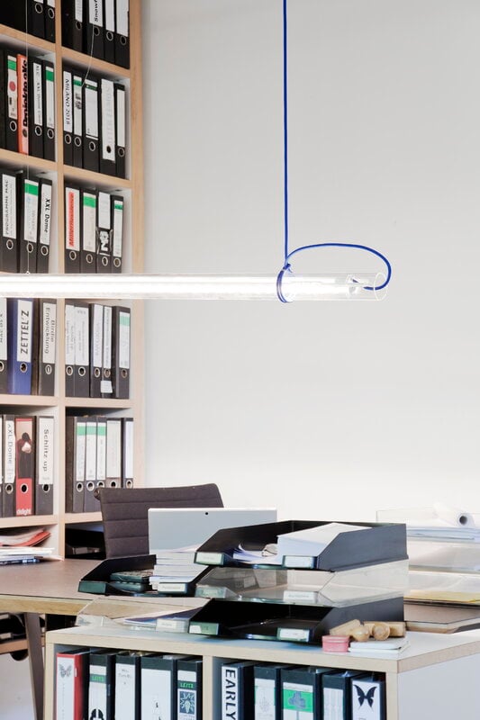 Ingo Maurer Tubular hanging lamp, white - blue cable, decoration image