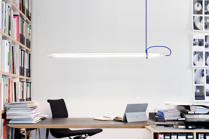 Ingo Maurer Tubular hanging lamp, white - blue cable, decoration image