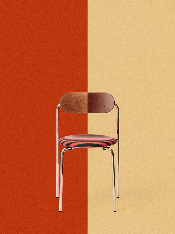 Lepo Product Moderno chair, chrome - wenge/walnut stained birch - red-navy fabric, decoration image