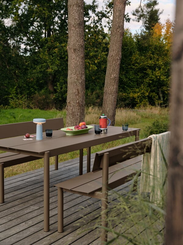 Muuto Linear Steel bench with backrest, 170 cm, taupe, decoration image