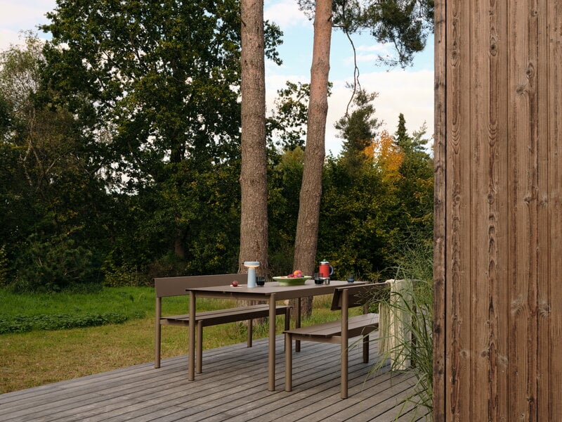 Muuto Linear Steel bench with backrest, 170 cm, taupe, decoration image
