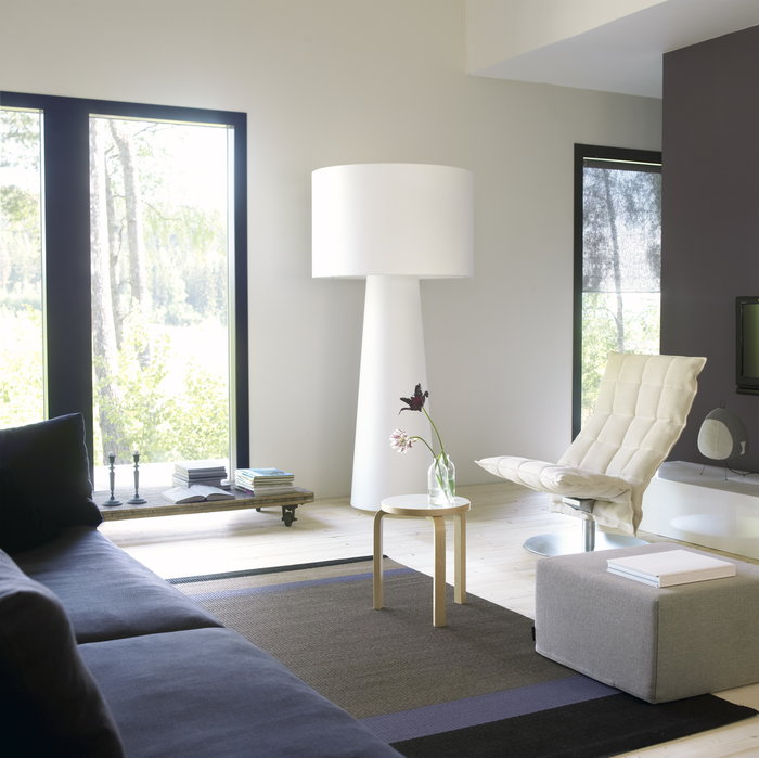 Livingroom Artek Woodnotes White Brown Birch Aalto stools Panorama