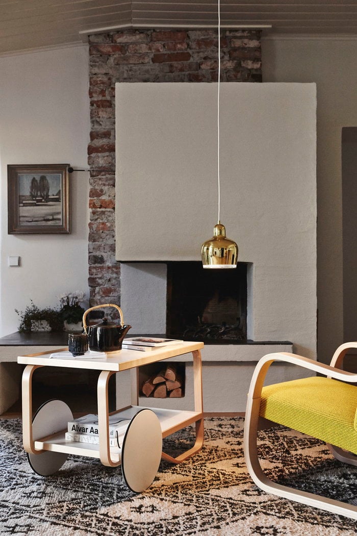 Livingroom Teamoment Fireplace Artek White Birch Metal Aalto trolleys Aalto lightning