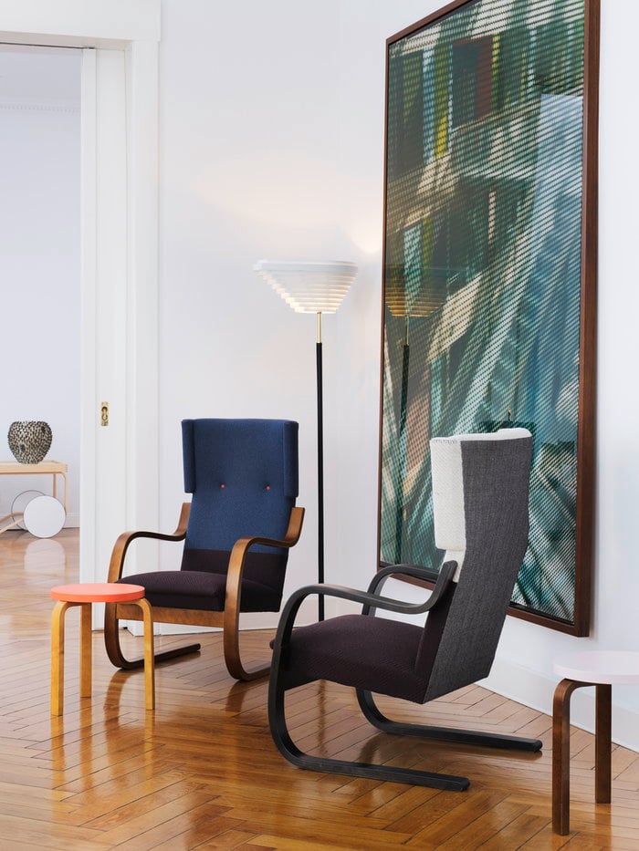 Livingroom Artek White Orange Black Birch Aalto trolleys Aalto stools Aalto liounge chairs