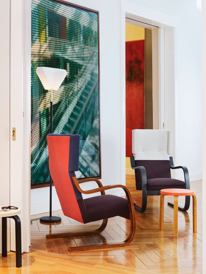 Livingroom Artek Orange Black Birch Aalto stools Aalto liounge chairs